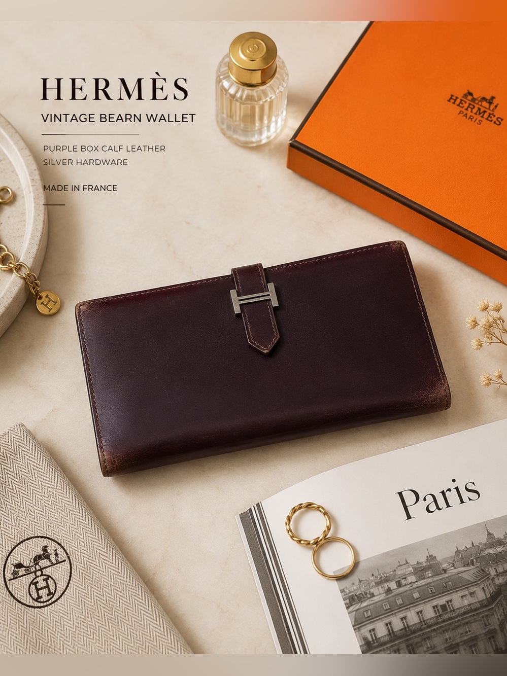 Hermès Eggplant Purple Box Calf Bearn Wallet with Silver H Strap